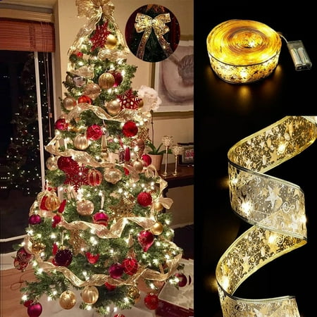 

Christmas Ribbon Light Battery Operated Double-sided Bronzing Warm/Colorful Lighting Romantic Gift Packing Pendant Xmas