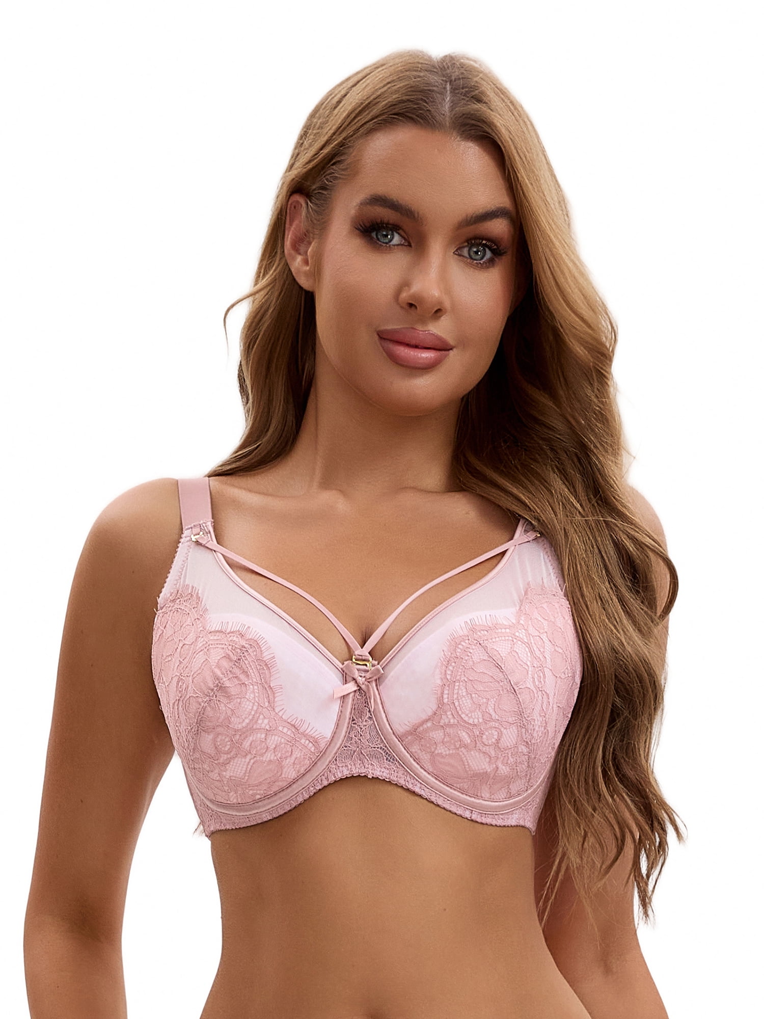 Unique Bargains Women's Lace Mesh Full Coverage Underwire Bras Pink 46 E