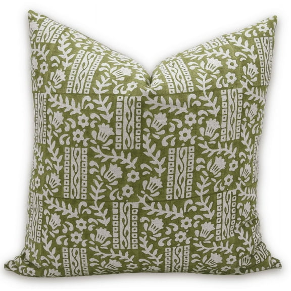 Fabdivine Block Print Throw Pillow Cover, 26x26 Inch Pure Linen Decorative Cushion Cover, Floral Print Boho Design Green Pillow Cover for Sofa and Couch