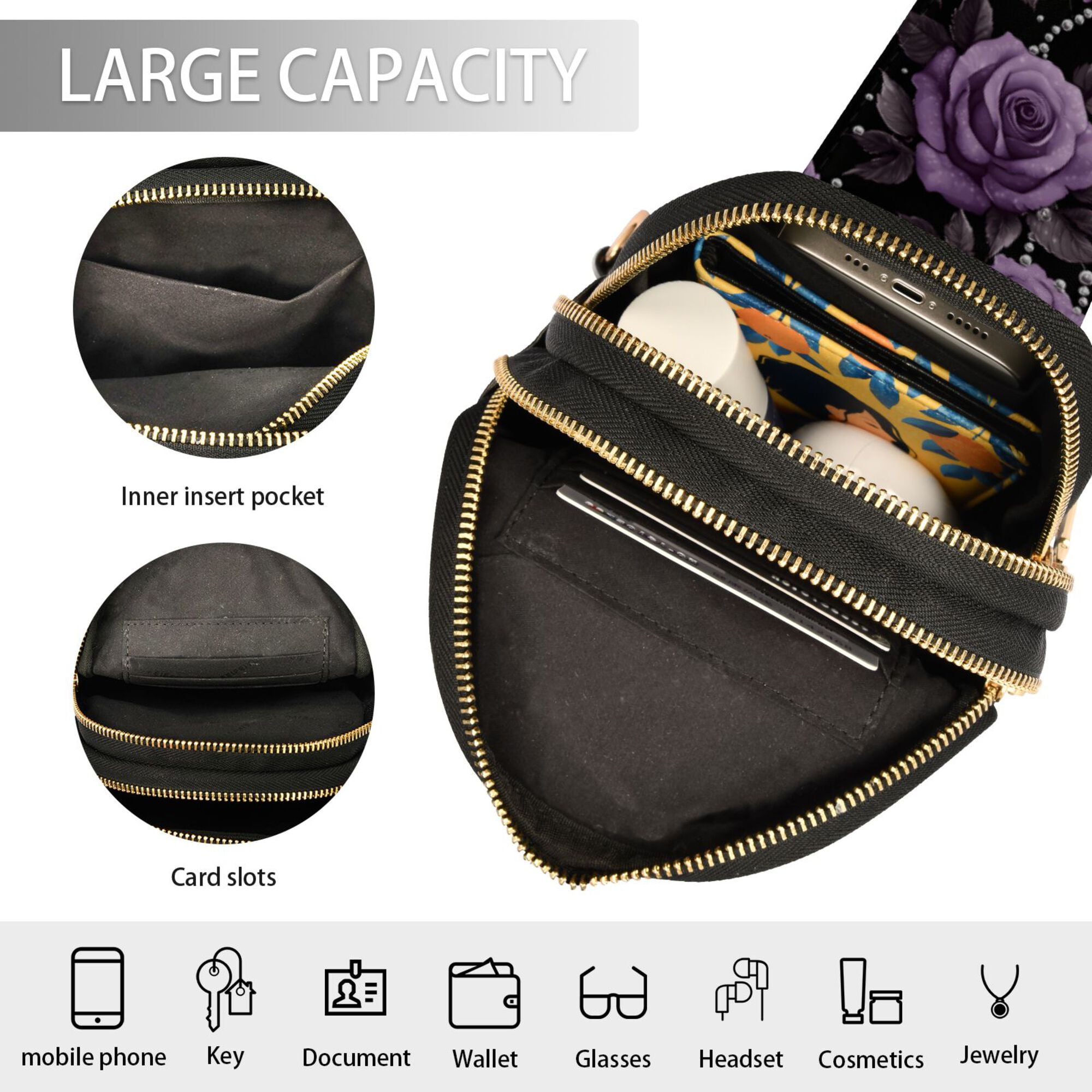 FORMRS Womens Crossbody Sling Bag Travel Daypack Shoulder Chest Backpack, Black Roses