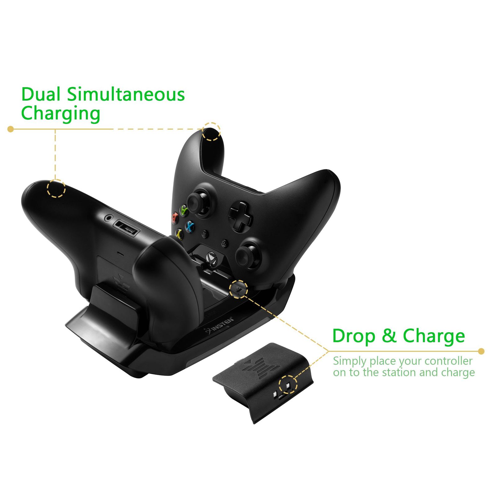 Insten Xbox One Controller Charging Station Stand with 2 Rechargeable Battery Pack Charger Dock and USB Cable for Xbox One / Xbox One S / One Elite / Xbox One X - image 2 of 10