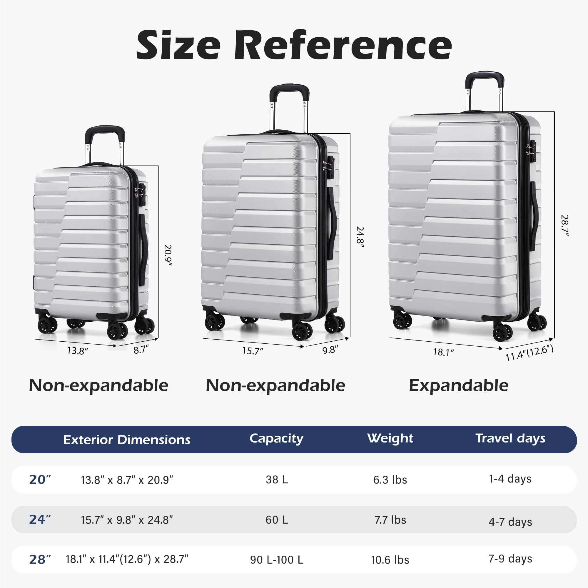 Coolife Luggage Sets, 3 Piece Hard Shell Suitcase Set with Spinner Wheels, Expandable Large Checked Luggage, Lightweight Rolling Carry On with TSA Lock Sliver