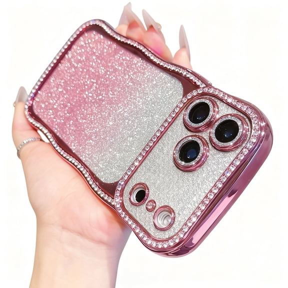ELEHOLD for iPhone 17 Pro Protective Case, Bling Glitter Diamond Non-Slip Wavy Edge Shockproof Plating Cover Built-in Lens Film For Women Girls,Pink