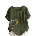 thumbnail image 2 of HOMBOM Cotton Linen Shirts for Women Summer Button Army Green Short Sleeve Floral Crewneck Ladies Blouse Dressy Casual, 2 of 5