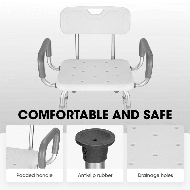 MaxKare Shower Chair with Back and Padded Armrests, Shower Stool 6 Levels Adjustable Height 26.8"-39.1", Support up to 300Lbs