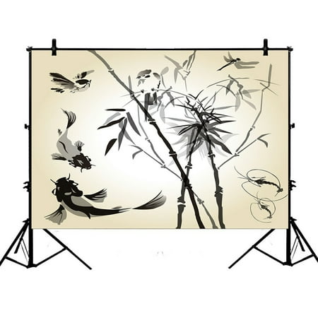 Image of PHFZK 7x5ft Traditional Japanese Backdrops Bamboo in the Bird and Fish Ink Image Photography Backdrops Polyester Photo Background Studio Props