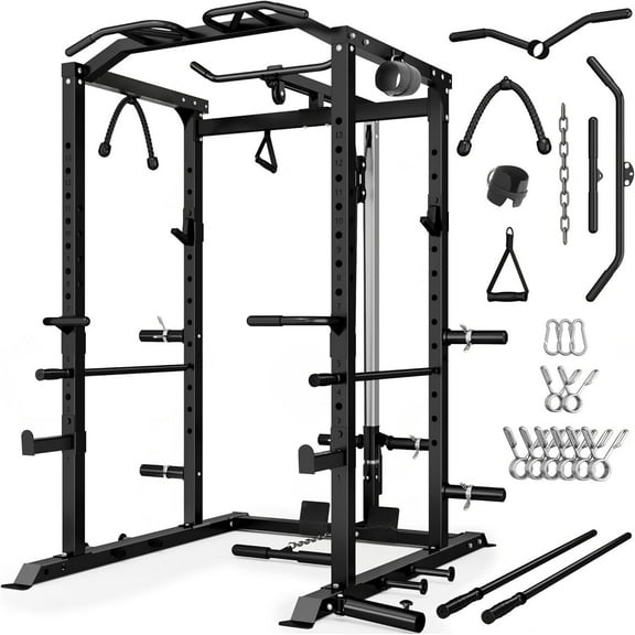 MITONOS Home Power Cage, 2000LBS Squat Rack with LAT Pulldown, Multi-Function Weight Cage Strength Training Machine, Workout Cage with More Attachments for Home Gym Garage, BK