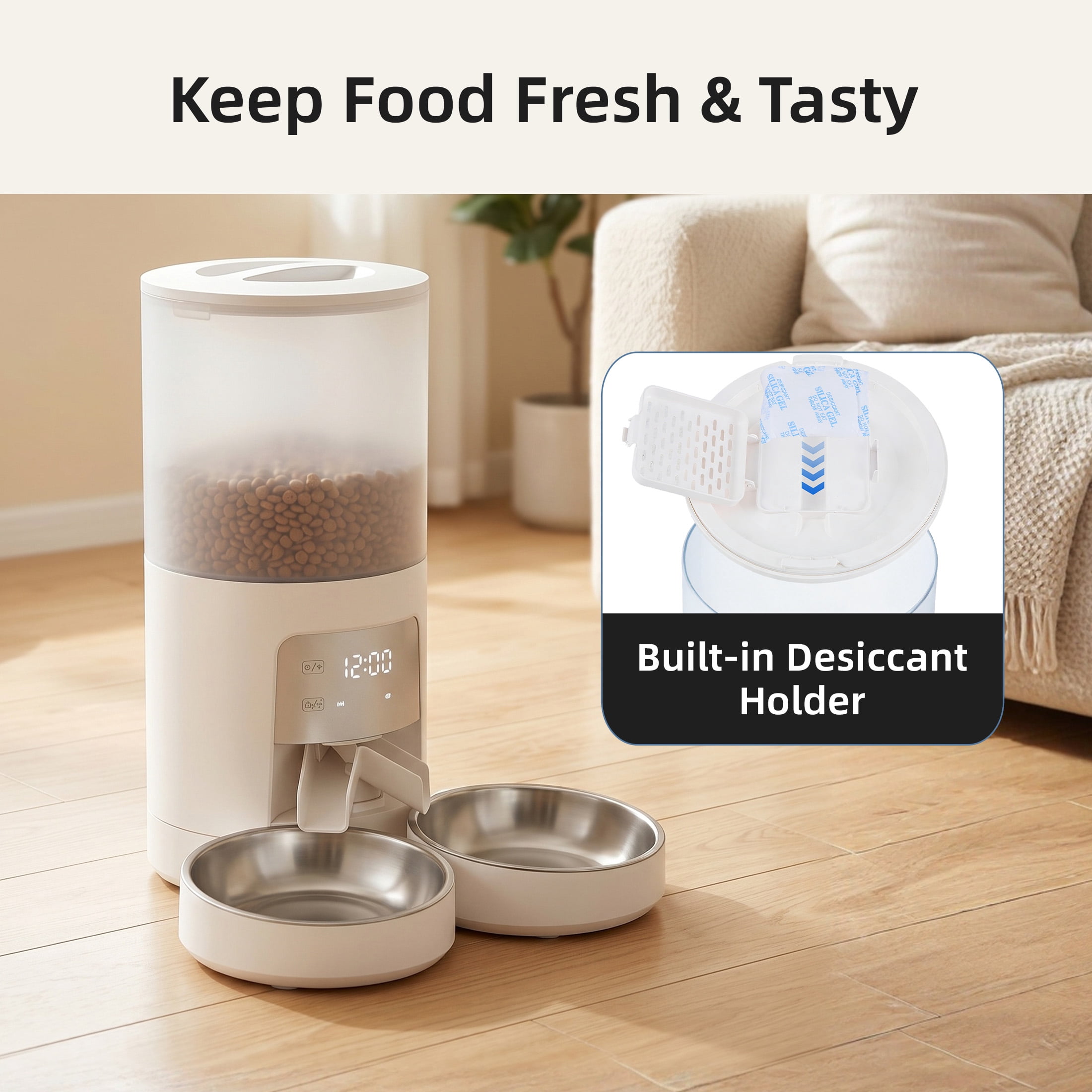 EDX 6L Automatic Cat Feeder for 2 Cats,&nbsp;Timed Cat Food Dispenser with 2 Stainless Steel Bowls, 10s Voice Recorder & Dual Power, Pet Feeder for Cats & Dogs, White