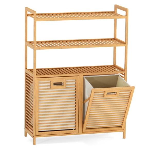 Vebreda Laundry Hamper with 2 Removable 7-Gallon Baskets, Double Tilt-Out Laundry Hamper Cabinet with 3 Open Shelves, Natural Bamboo