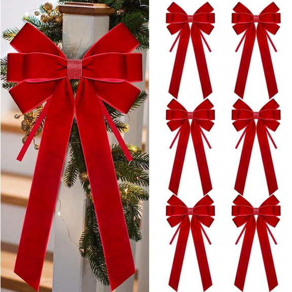 Dalrosia 6PCS Velvet Bows for Christmas Tree Large Velvet Christmas Wreath Bows with Clip Rhinestone Ribbon,Xmas Tree Topper Ornament for Home Indoor Outdoor Decoration