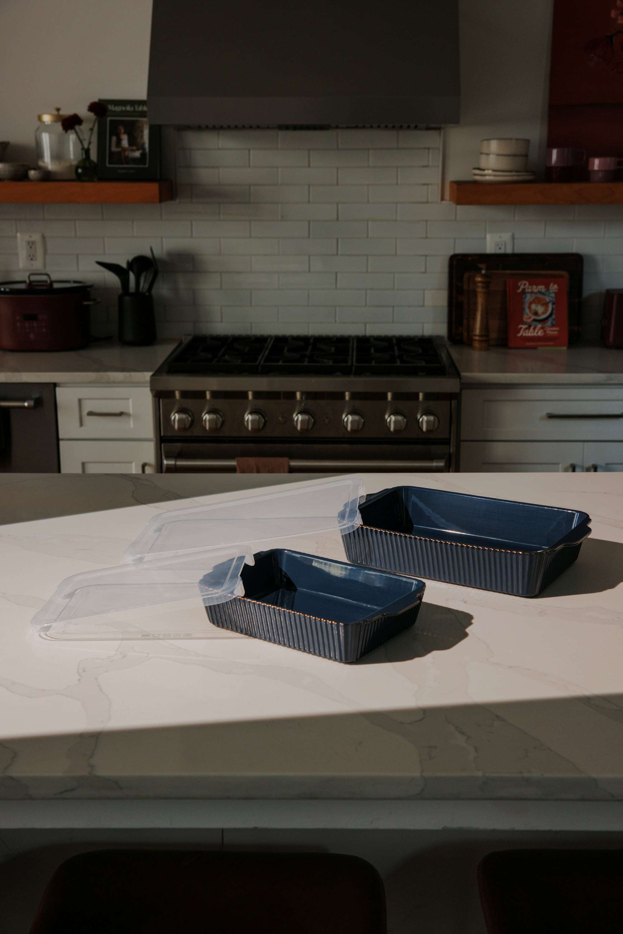 Thyme & Table 4-Piece Stoneware Bakeware Set, Includes Lids, 9"x13" , 7"x10" Bakers With Lids , Atlantic Blue Ribbed