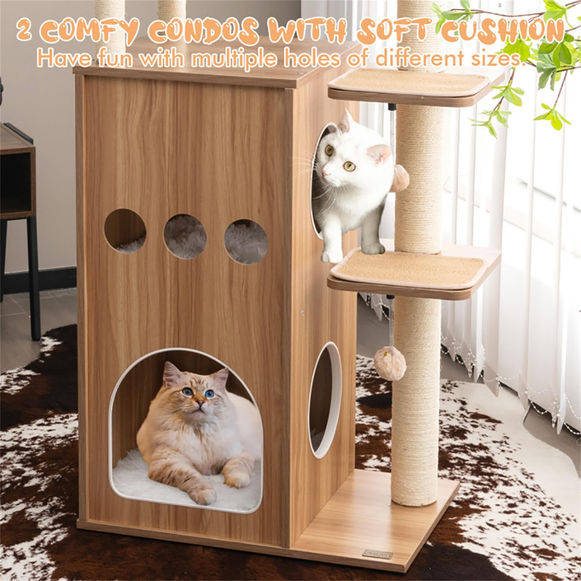 Kadyn 52" Wood Cat Tree Tower for Indoor Cats with Scratching Posts Washable Detachable Cushion, Teasing Balls, Modern Cat Condo Furniture for Large Cat, Beige