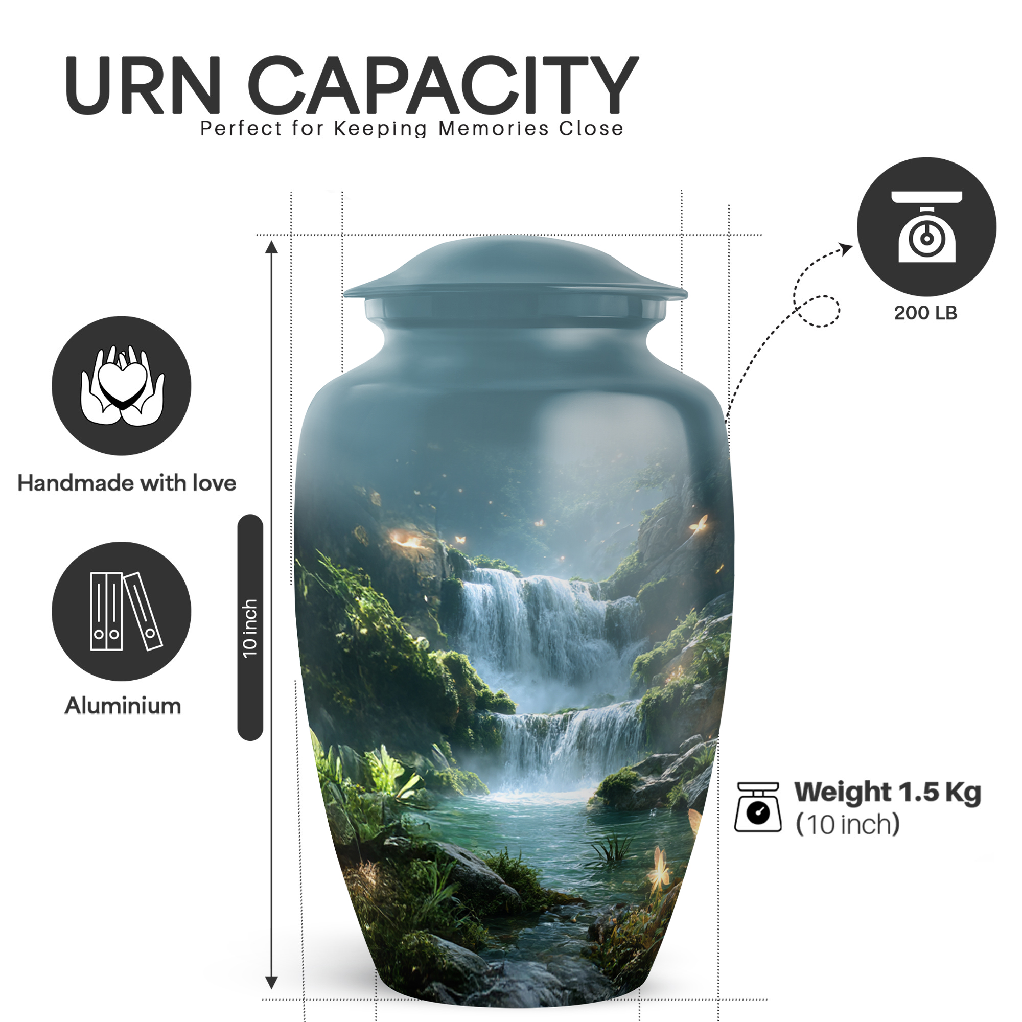 Yatskia Waterfall with Butterflies Large Funeral Urn for Ashes Adult Man, Decorative Small Cremation Keepsake Urn for Ashes for Women, (Classic 10 Inch and 3 Inch)