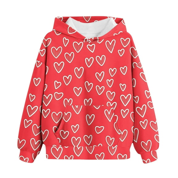 Gpaecead Hoodies for Teen Girls Valentine's Day Heart Printed Pullover Long Sleeve Sweatshirts 12 Years Red