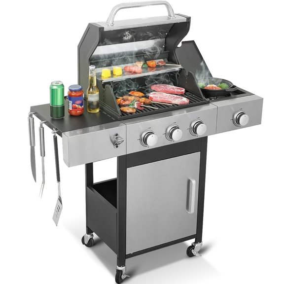 Biotree 3 Burner BBQ Propane Gas Grill, Stainless Steel 26,000 BTU Patio Garden Barbecue Grill with Two Foldable Shelves