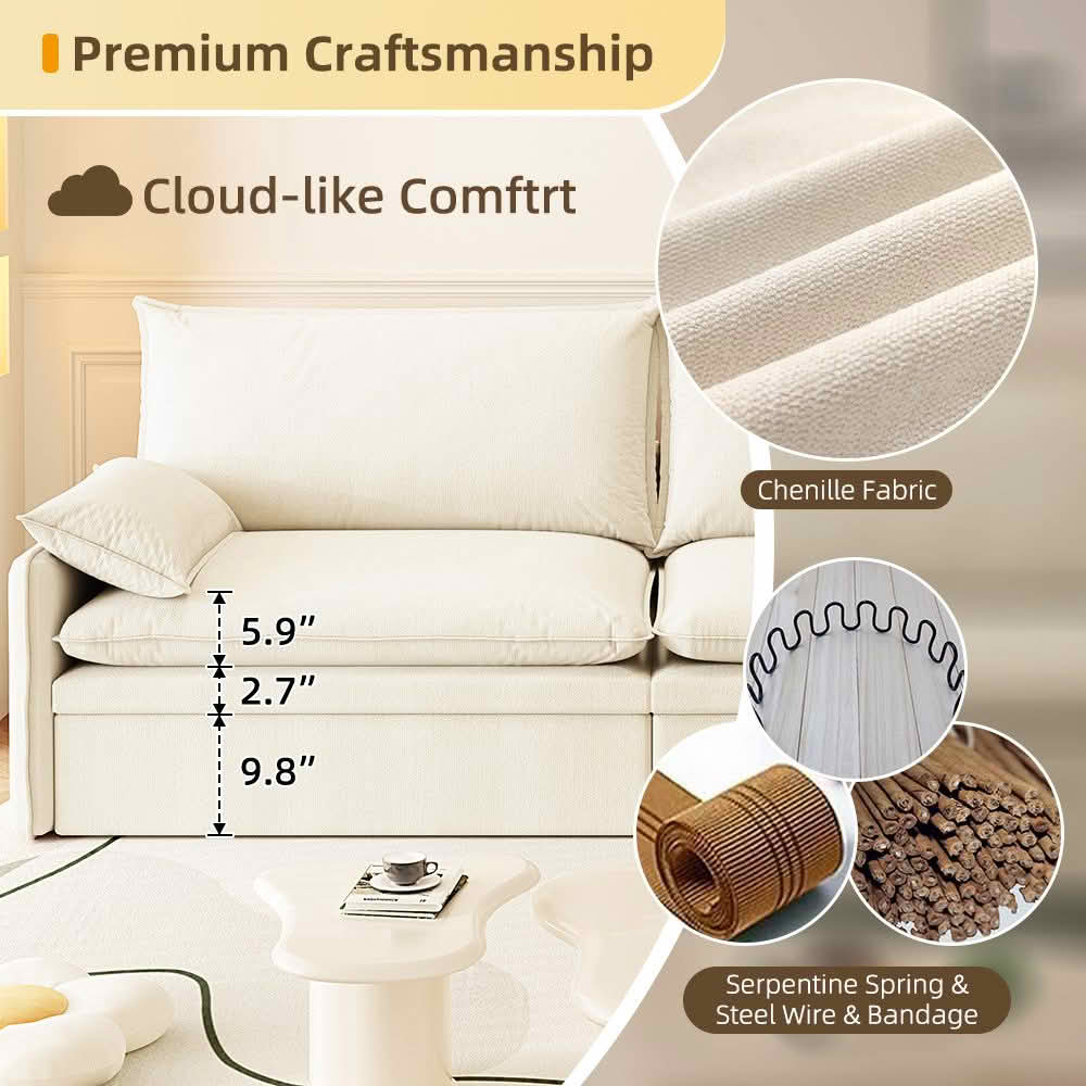 MAYEERTY 81.1" 4‑Seat Convertible Sleeper Sofa Bed, Cloud‑Like Chenille Couch with Storage, USB Port and 2‑in‑1 Pillows