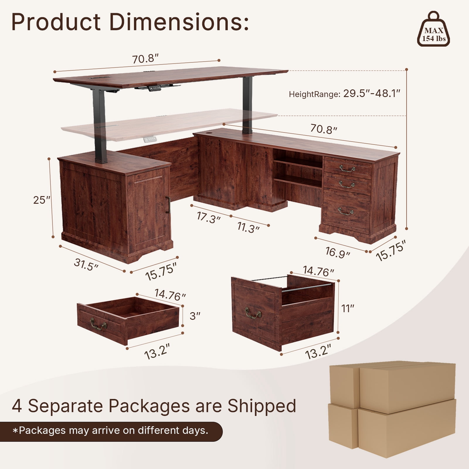71" L-Shaped Executive Standing Desk, Retro Brown Sit Stand Desk with Drawers, AC/USB Outlets, Storage Cabinet & Privacy Panel for Office & Home