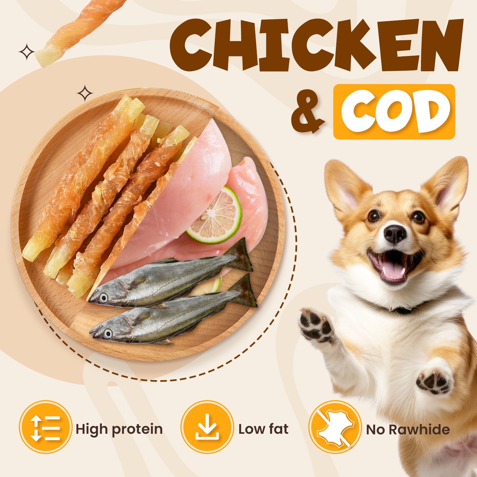 (2 pack) ASMPET Rawhide Free Dog Treats Chicken Jerky Wrap Cod Sticks High Protein Treats for Dogs, Soft Chewy Healthy Natural Treats, 15pcs, 11oz