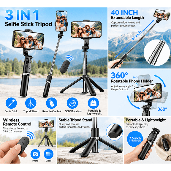 NOBRAND Extendable Foldable Selfie Stick, Detachable Wireless Remote, Black, 1 Count