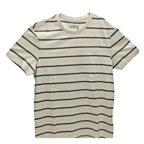 Calvin Klein Men Crew Neck Striped Monogram Logo Cotton T-Shirt, Bone White, L