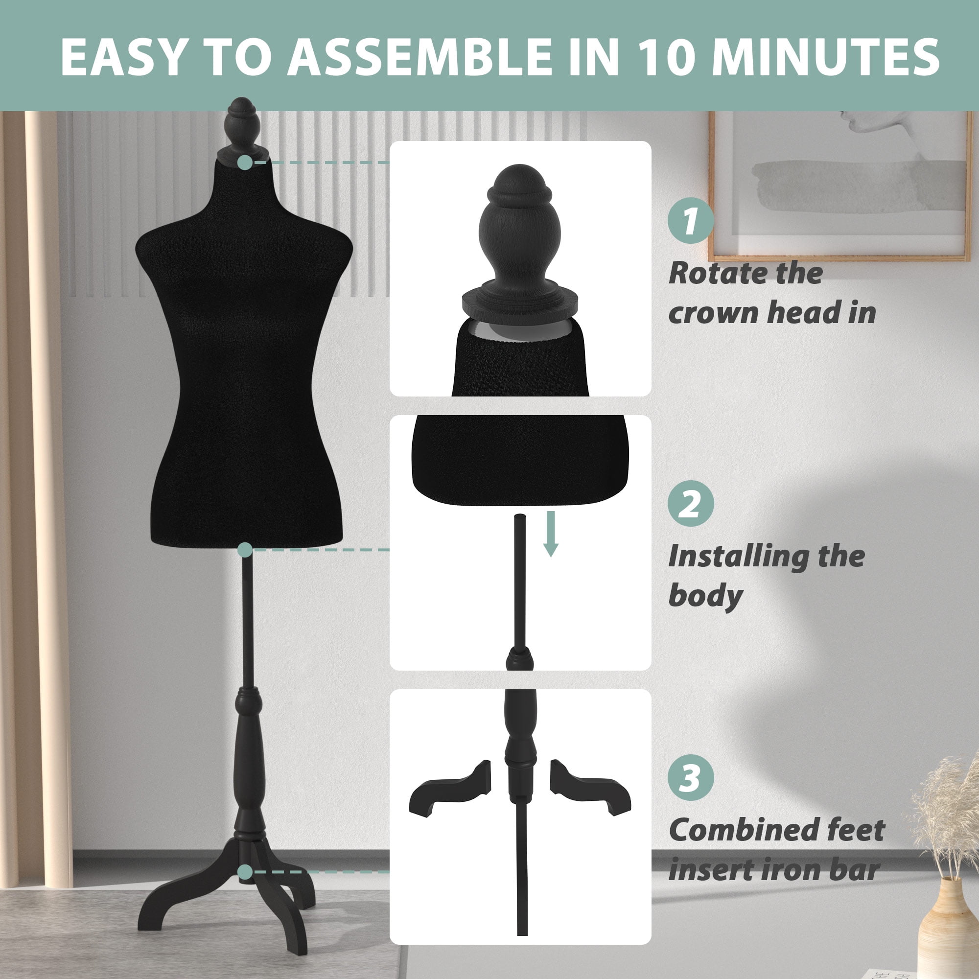 YRLLENSDAN Mannequin Body Dress Form Torso Female Manikin 49.6-63.4 Inch Height Adjustable Wooden Tripod Stand High Density Foam Portable Display Mannequin (Black)