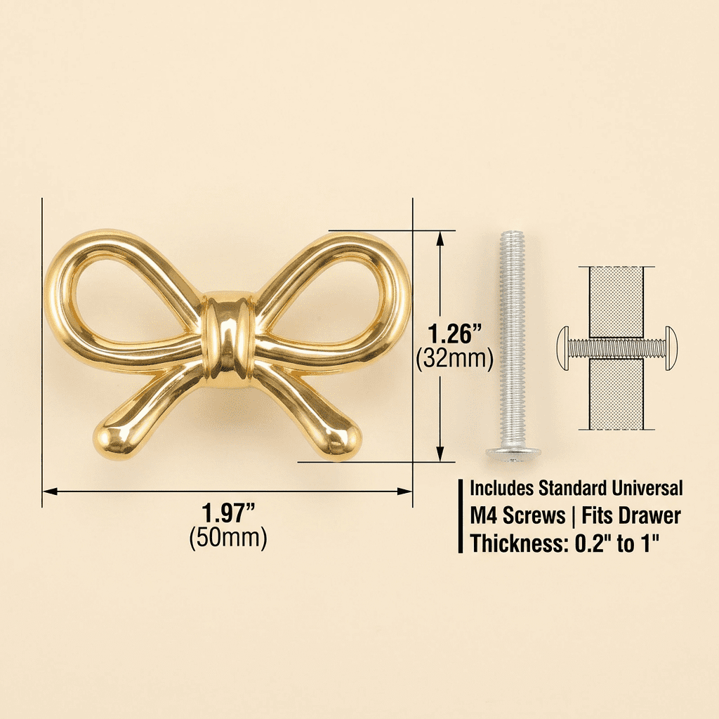 RZVNMKO Gold Dresser Knobs, Solid Brass Bow Shape Drawer Knobs Vintage Style, Single Hole Decorative Cabinet Knobs Hardware with Screws for Nursery Vanity Cupboard Wardrobe, 6 Pack