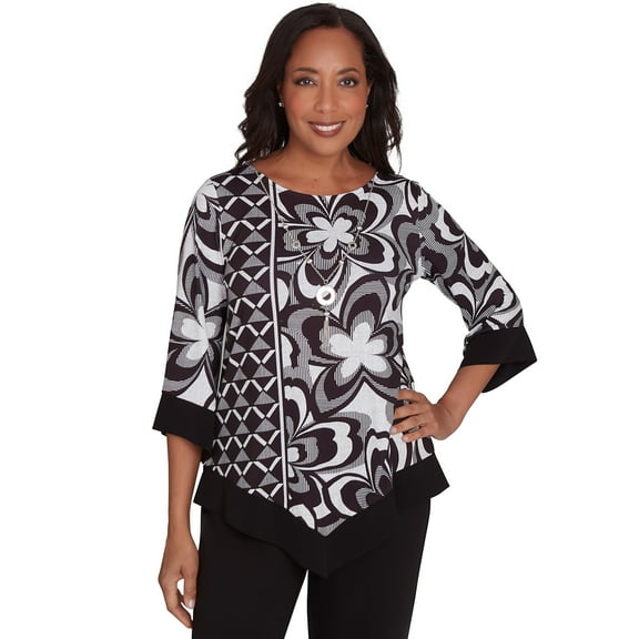 Alfred Dunner Womens  Floral Geometric Top With Necklace