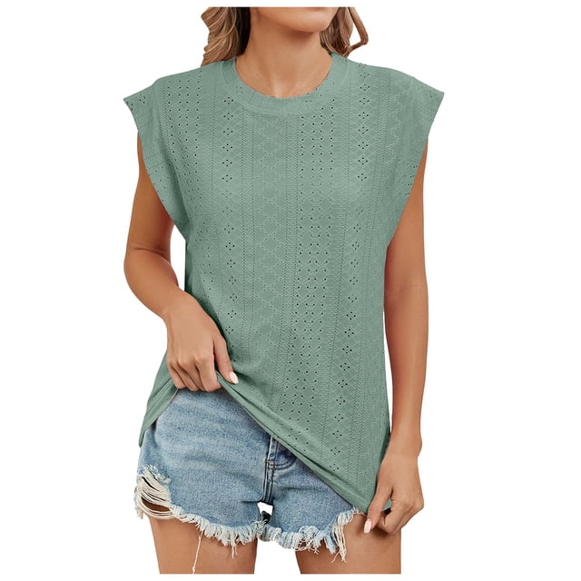 HBFAGFB Débardeurs pour Femmes Décontracté Été Col Rond Sans Manches Gilet Simple Polyvalent Vert Taille m