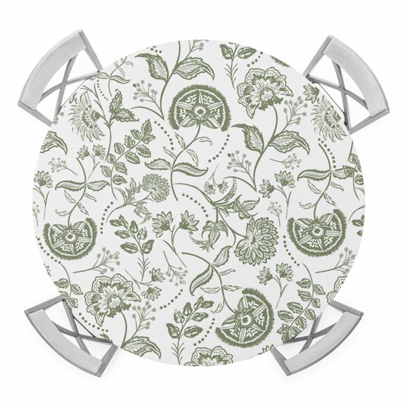 Boho Sage Green Floral Round Tablecloth for 55-60 Inch Tables,Fitted Table Cover with Elastic Edge,Vintage Farmhouse Paisley Plant Waterproof Outdoor Table Cloth Protector for Patio Garden Dinner
