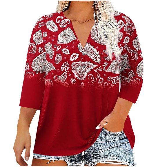 FAHXNVB Women's Plus Size V-Neck T-Shirts 3/4 Sleeve Soft Cotton Graphic Print Button Tees Tops Fashion Casual Comfortable Loose Shirts