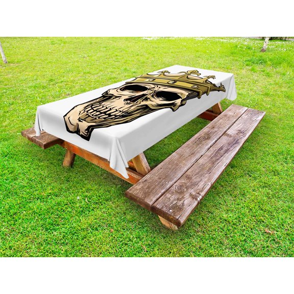 King Outdoor Tablecloth, Dead Skull Skeleton Head with Royal Crown Tiara in Hand Drawn Style Image, Decorative Washable Fabric Picnic Table Cloth, 58 X 84 Inches,Golden and Pale Brown, by Ambesonne