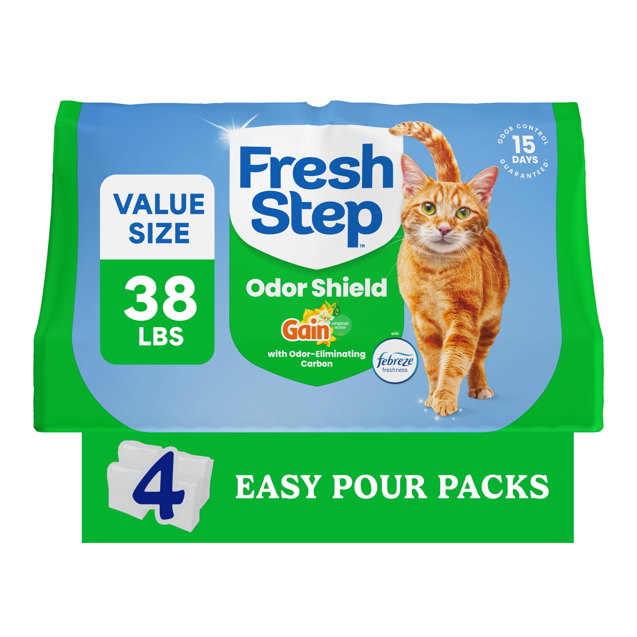 (4 pack) Fresh Step Odor Shield Multi-Cat Clumping Cat Litter, Gain Original Scent, 38 lb, Easy Pour Pouches (4 Pack)