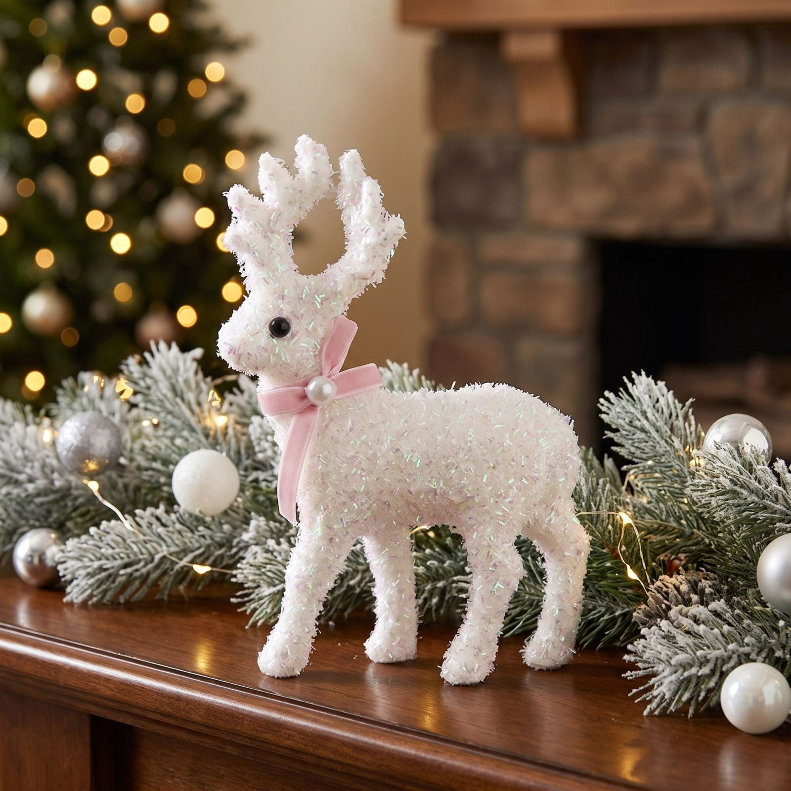 Christmas Reindeer Tabletop Decor, Glitter Standing Deer Figurine with Velvet Bow and Bells, Sparkly Holiday Ornament for Mantel, Tiered Tray, Window Sill and Xmas Party Centerpiece