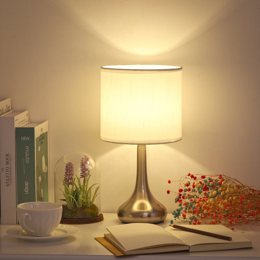 Modern Lamp with White Brushed Steel Metal Base and Green Leaf Pattern Shade