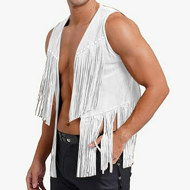 Men's Outerwear Vest for Everyday Wear Traditional Velvet Buttonless Mid Length Tassel Deer Skin Style