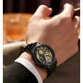 thumbnail image 3 of Reloj De Hombre Cuarzo De Tres Botones Impermeable Fecha Correa Negro Bisel Dorado Fondo Negro, 3 of 7