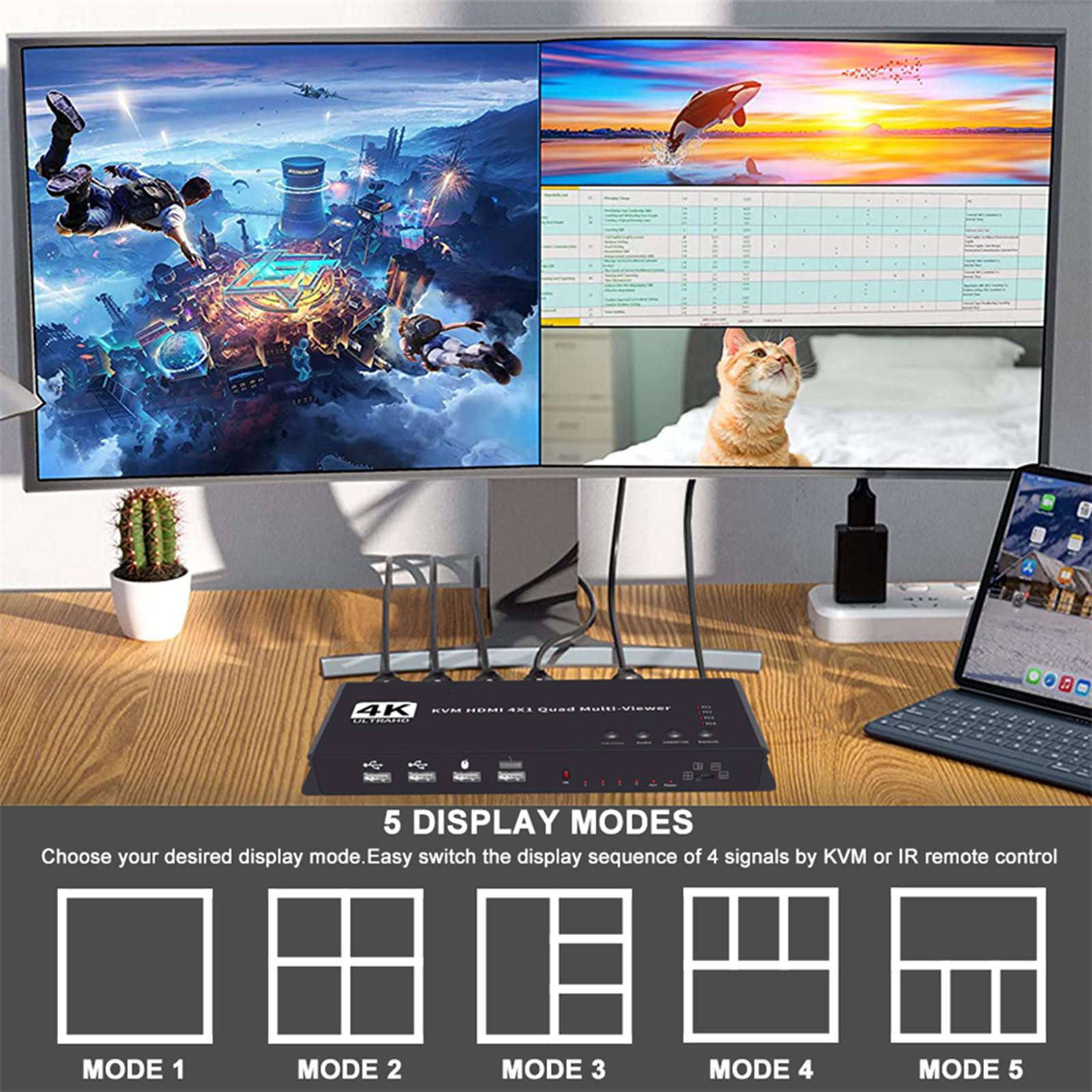 For HDMI 4 Input 1 Output Multi-viewer Supports HDCP 1.4, USB KVM Control for Monitoring Systems and Multimedia Displays