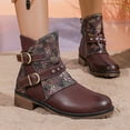 thumbnail image 3 of Rokment Vintage Wide Calf Combat Boots for Women Winter Spring Retro Leather Flower Buckles Chunky Heels Riding Ankle Booties Wine Size 9, 3 of 7