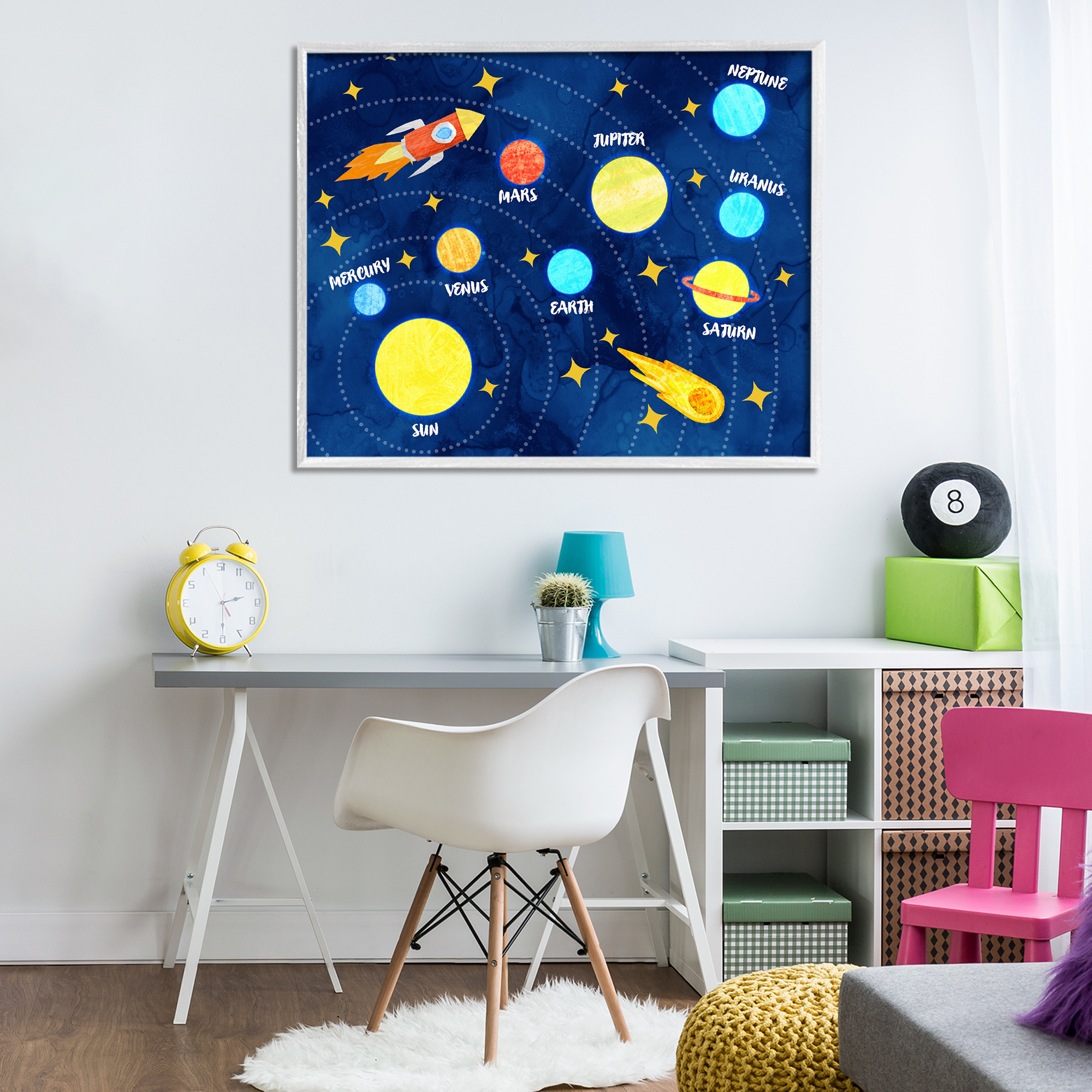 Rocket Across Solar System White Framed Giclee Art, design by Daphne Polselli