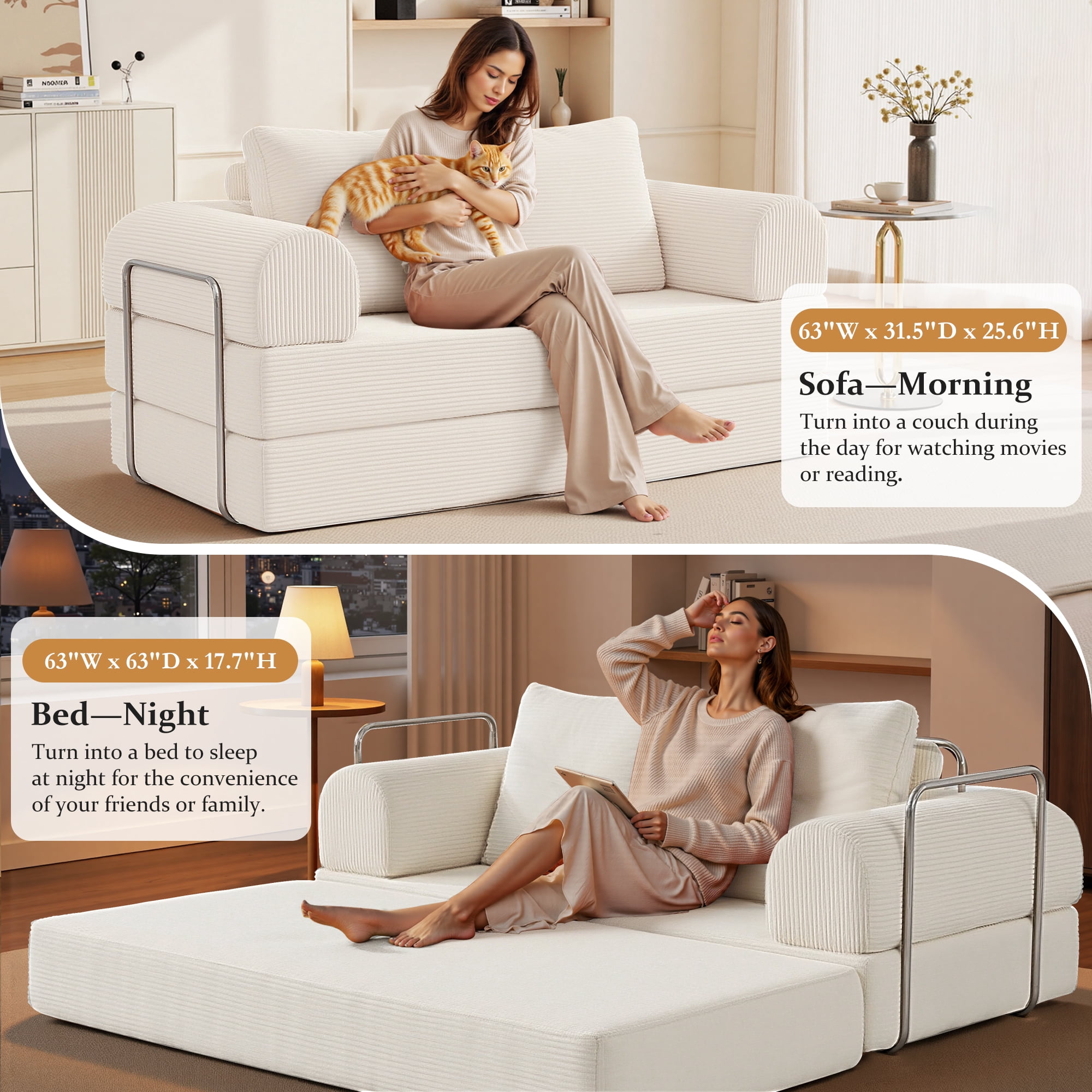 COOLHUT 63" W Convertible Sofa Bed, Foam Floor Sofa, Folding Sleeper Sofa Couch Bed with Six Frame, High Rebound Density Sofa, Corduroy Sofa Couch Bed for Living Room, Bedroom, Beige