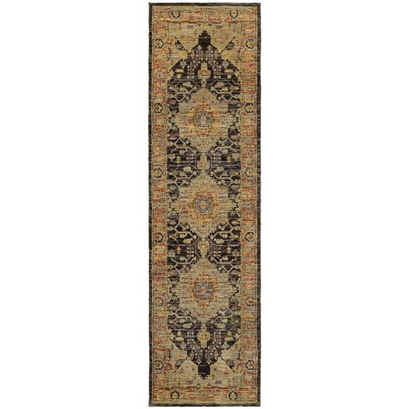 2 x 8 ft. Gold Brown Gray Rust Green & Purple Oriental Power Loom Stain Resistant Runner Area Rug