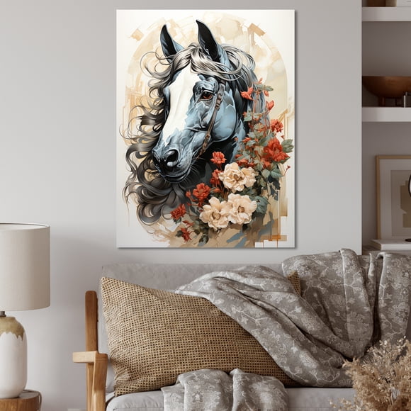 Designart "Floral Majesty Grey Horse" Horse Metal Wall Art, Grey Metal Wall Decor, Modern Metal Art Decor For Bedroom - 30x40 Inch