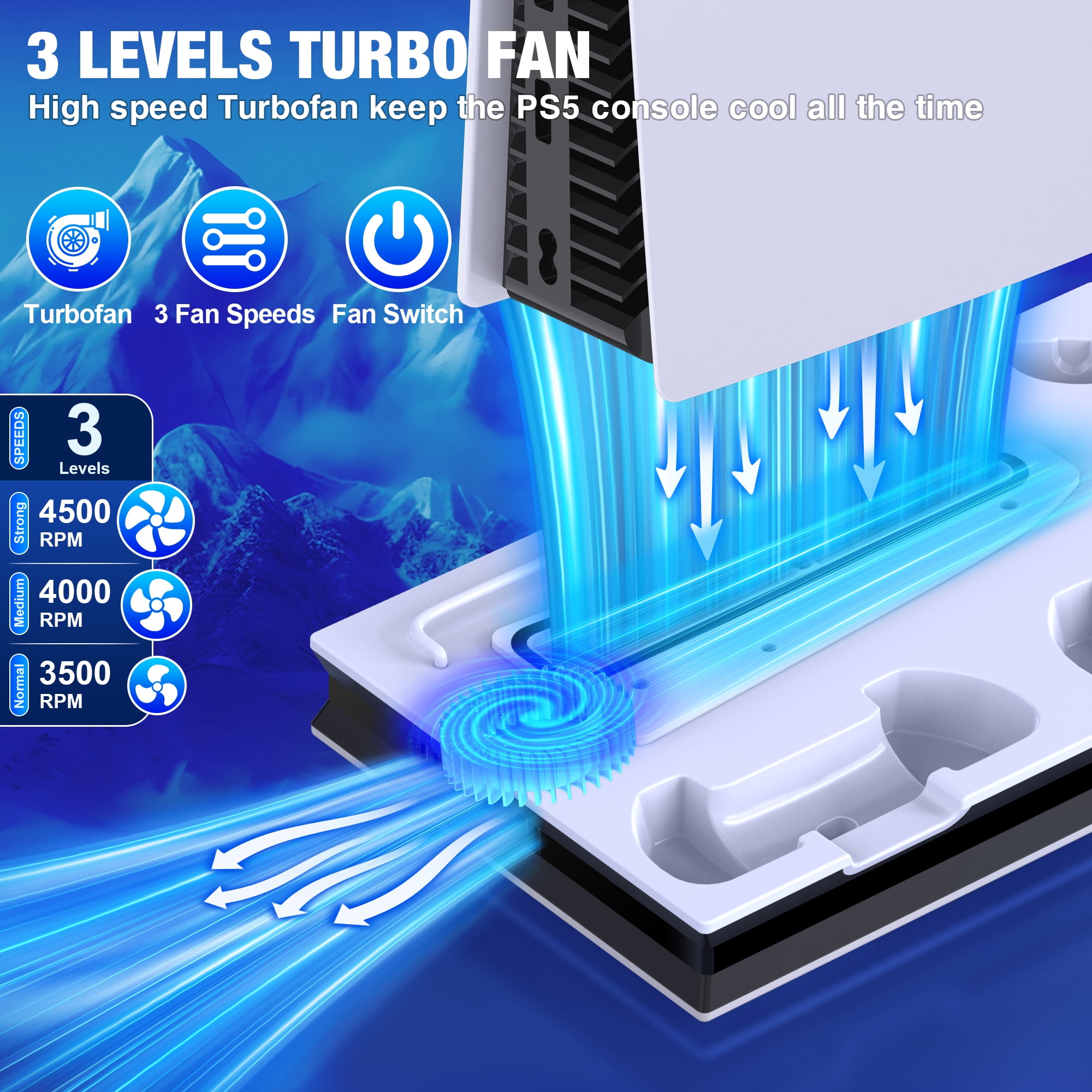 Beboncool PS5 Cooling Fan Stand with Charger Station- All-in-One Dual Turbo Fans Compatible with PS5 Pro/P5 Slim/P5 Digital Edition