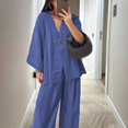 thumbnail image 4 of tasrioml Women's Cotton Linen Two Piece Outfit Long Sleeve V Neck Button Top Wide Leg Pants Casual Loungewear Set, 4 of 7