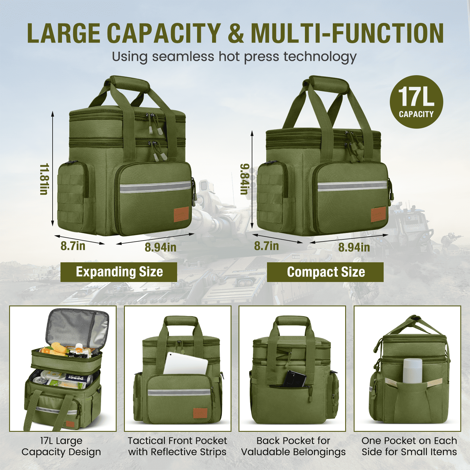 Lunch Bag for Men, 24L Expandable Insulated Lunch Box with Side Pockets, Double Deck Leakproof Cooler Tote Bag with Adjustable Shoulder Strap, 24 Can, Suit for Office/Picnic/Camping/Beach, Green