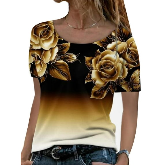 YAGHYAGH Womens Floral Print Short Sleeve Summer Casual Blouse T-shirt Tops