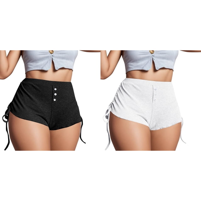 2 Pack(Black 1PCS & White 1PCS) Multipack Casual Printed Summer Drawstring Shorts Women's Side Pants Soild Color Pants