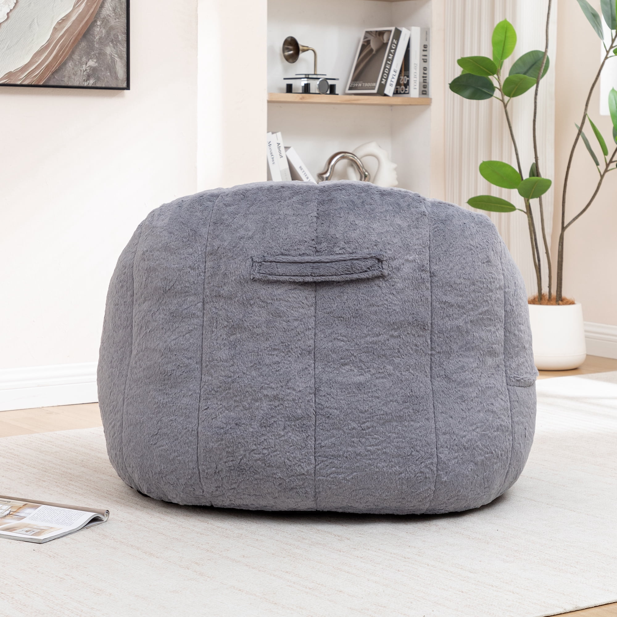Bean Bag Chair with Armrests, Stuffed High-Density Foam, Lazy Sofa for Adults, Living Room, Bedroom, Reading, Gray Faux Fur, No Assembly Required