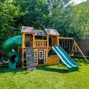 KidKraft Adventure Bend Wooden Swing Set / Playset with Slides, Rock Wall and Bench