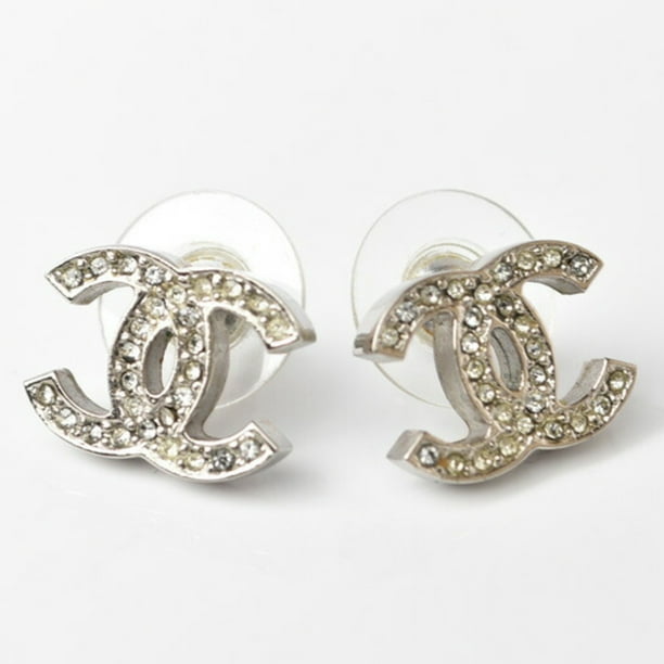 Authenticated Chanel earrings CHANEL CC mark rhinestone silver Walmart.com